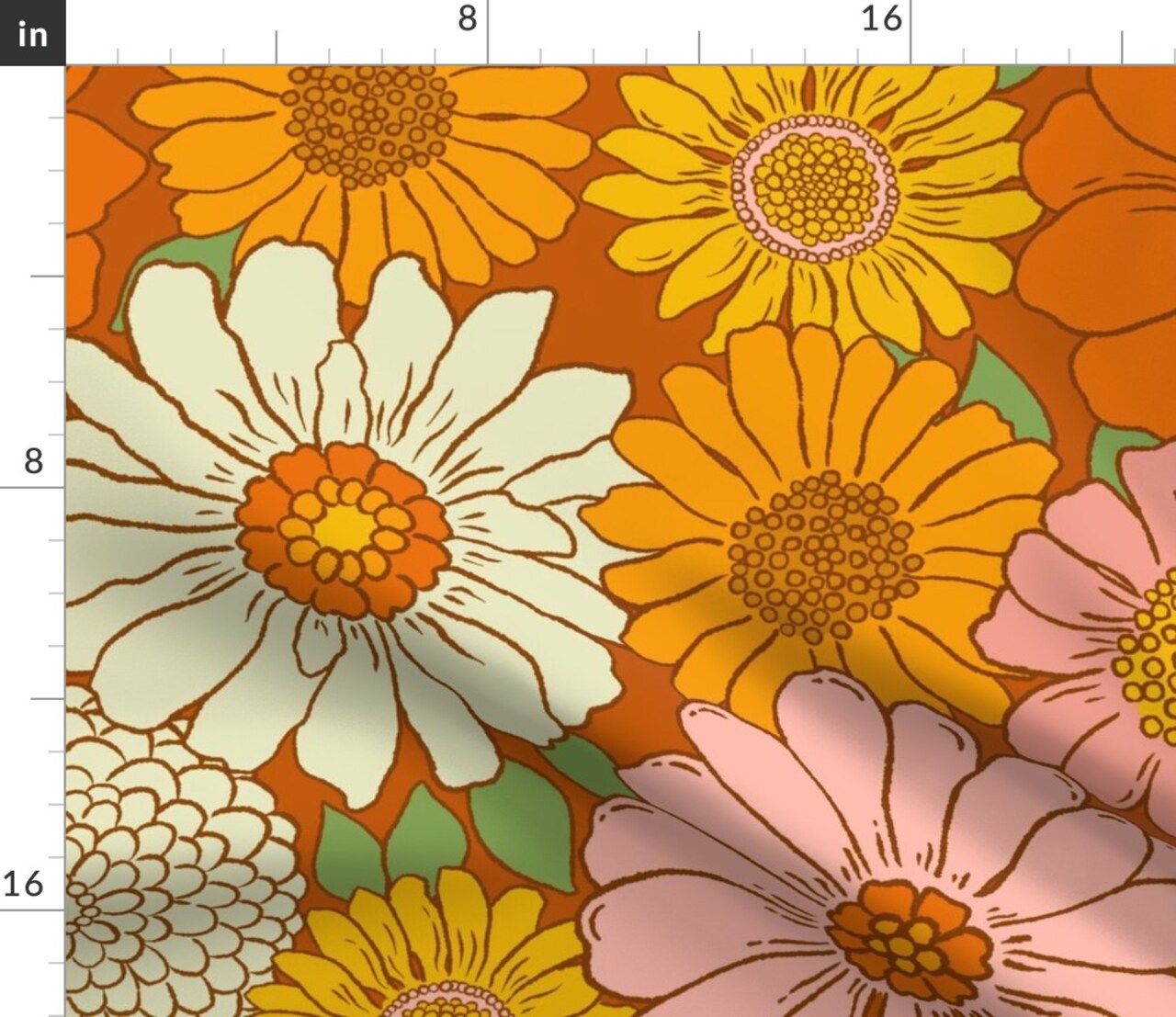 Retro 1970S Floral Vintage Style Nostalgia Pink Orange Yellow Bohemian Retro Groovy Flowers Vintage Mod Flower Power Large Scale Custom Printed Fabric by Spoonflower Various Fabrics by the Yard or Fat Quarter